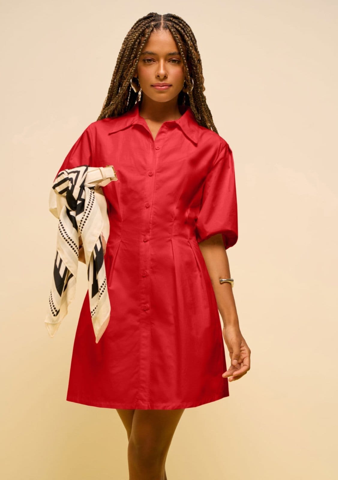 Vista 2 Vestido Zinco Solto Gola Clássica Manga 3 Quartos Curto Zinco vermelho