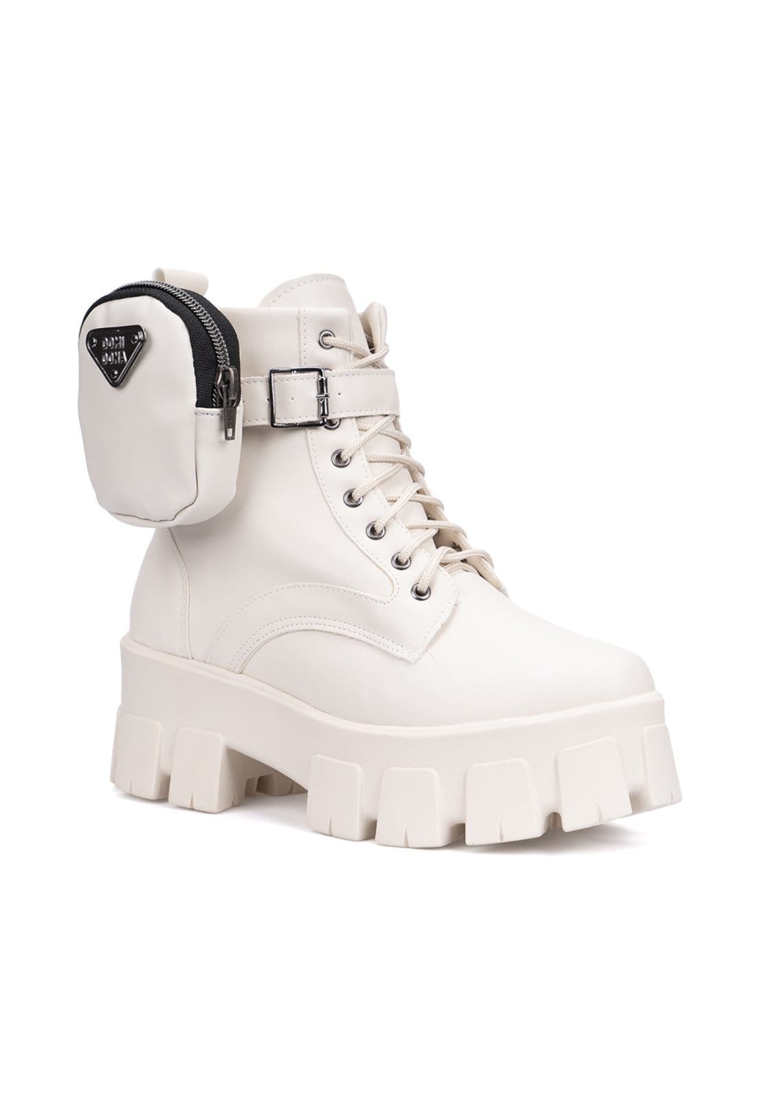 Vista 2 Coturno Com Bolsinha Domidona Feminino Tratorado Plataforma Off White Domidona off-white white