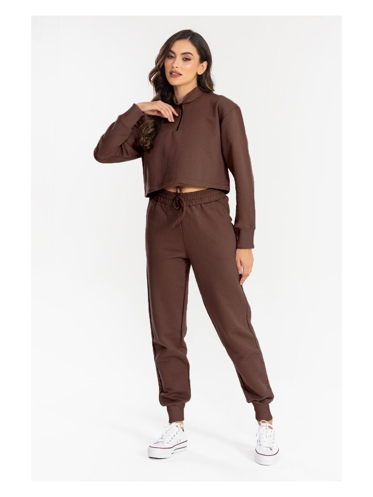Vista 2 Calça Moletom Jogger Kally Feminina com Avesso Peluciado Meu Jeans marrom