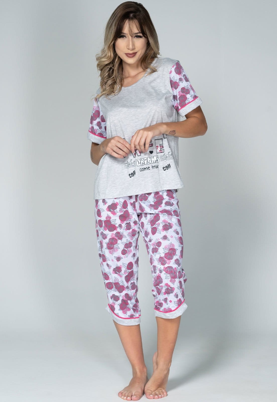 Vista principal Pijama Feminino Serra e Mar Modas Manga Curta Pescador Cinza SERRA E MAR MODAS bege