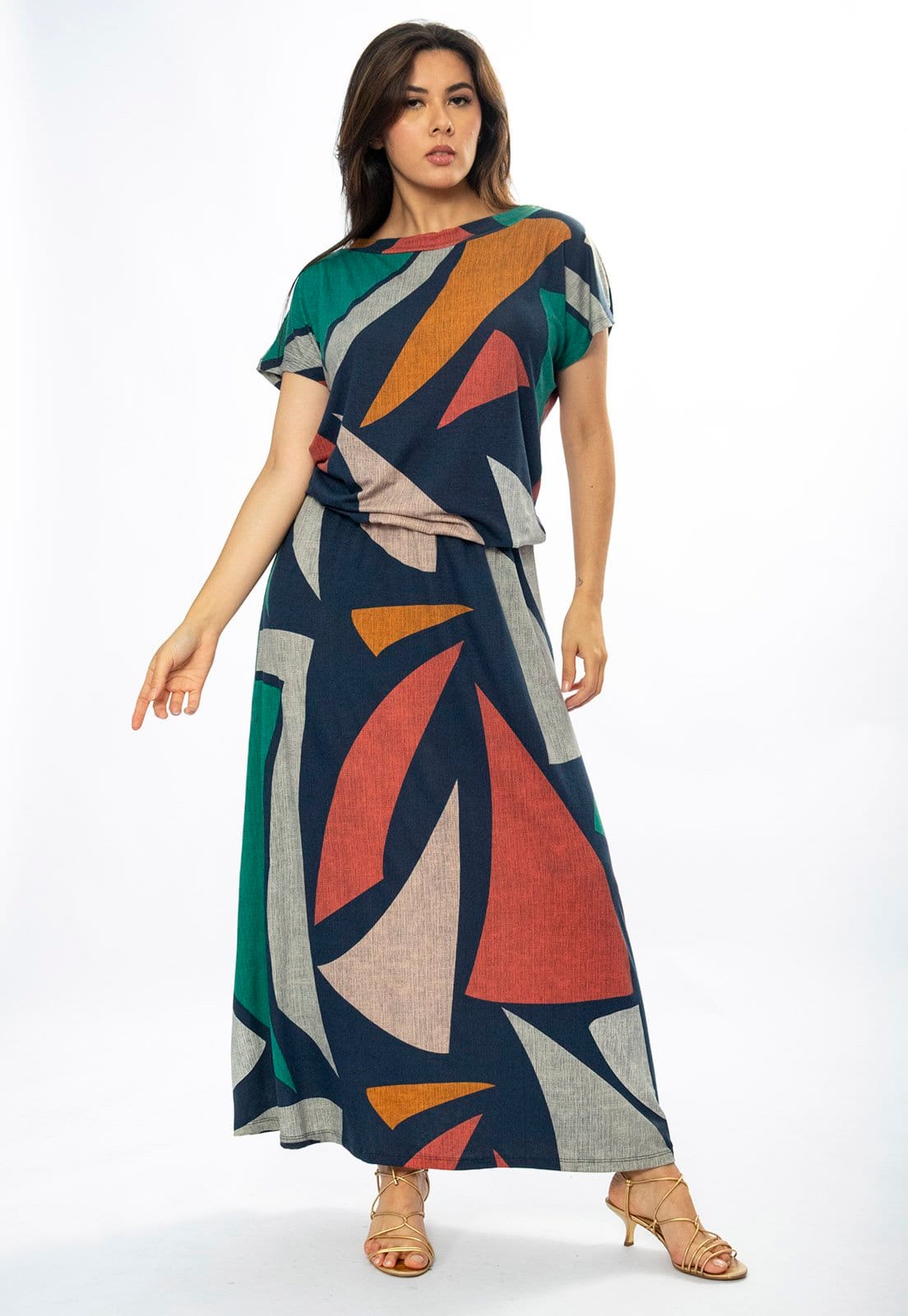 Vista 2 Vestido Longo Amazônia Vital Morcego Malha Estampa Geometrias do Tempo Amazonia Vital azul marinho/cinza/estampado/verde
