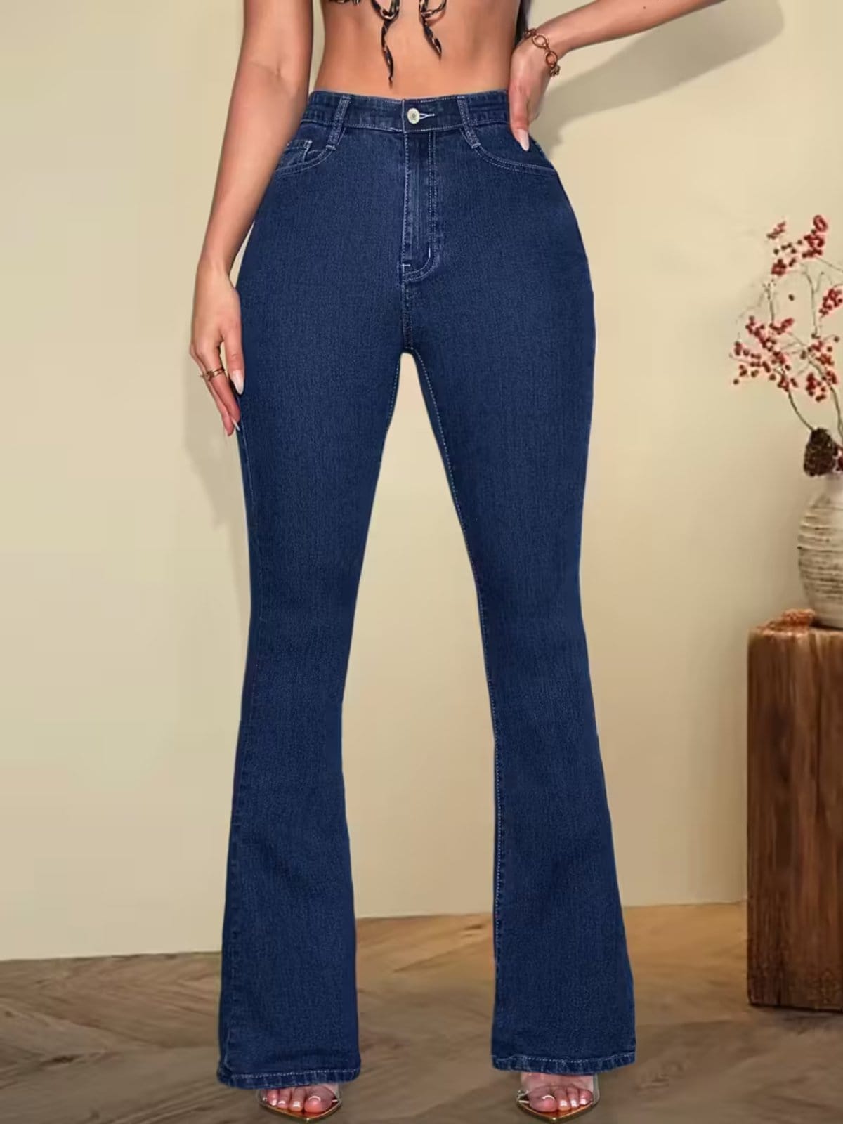 Vista 2 Kit 2 Calças Flare Jeans Feminina Alpha Street Wear Premium Com Elastano Cintura Alta Levanta Bumbum Estilo Gringa Delave Alpha Street Wear azul/azul marinho/jeans azul