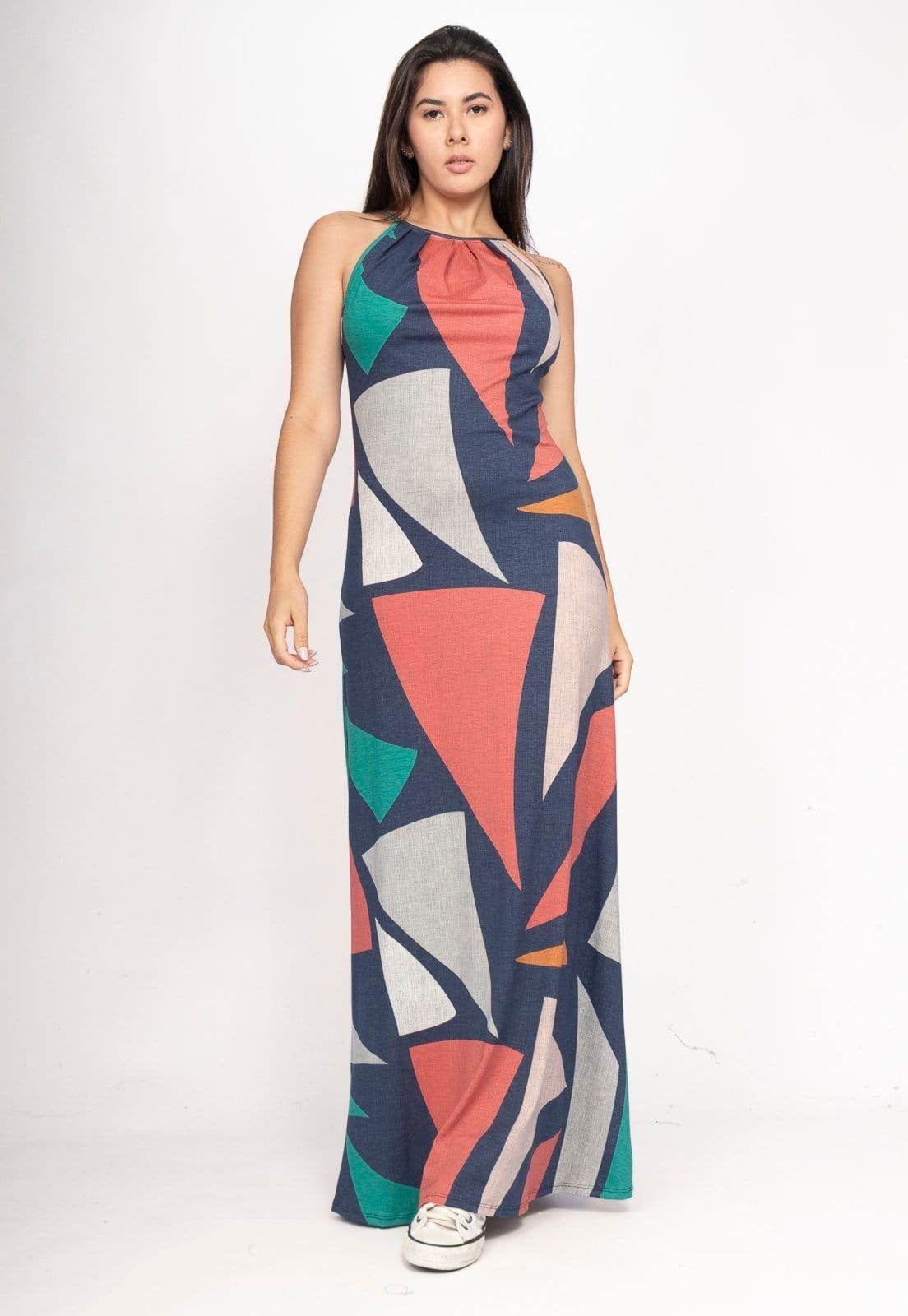 Vista 2 Vestido Amaoznia Vital Longo Eirapuã Malha Trapézio Geometrias do Tempo Amazonia Vital estampado