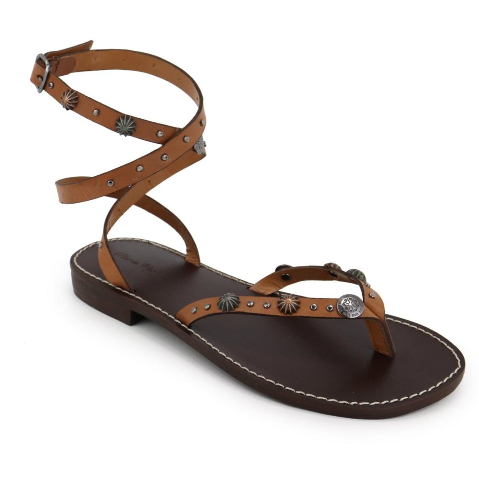 Vista 2 Sandália Rasteira Tiras Clássica Feminina em Couro Maria Paula Camel MARIA PAULA caramelo