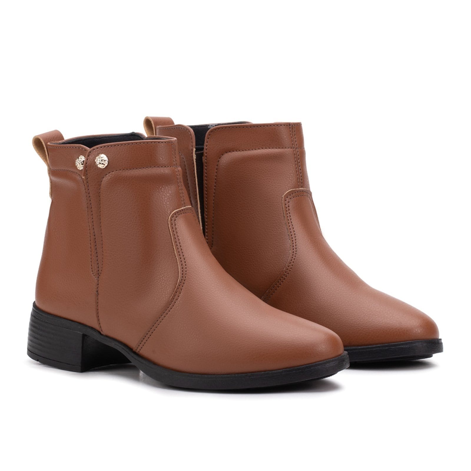 Vista principal Bota Cano Curto Feminina Calce Fácil Montaria Estilo Shoes caramelo