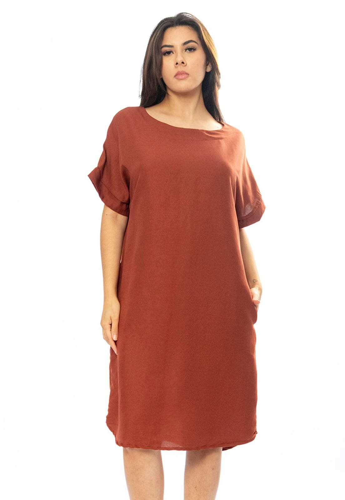 Vista 2 Vestido Curto Amazônia Vital Viscose com Bolso Amazonia Vital marrom