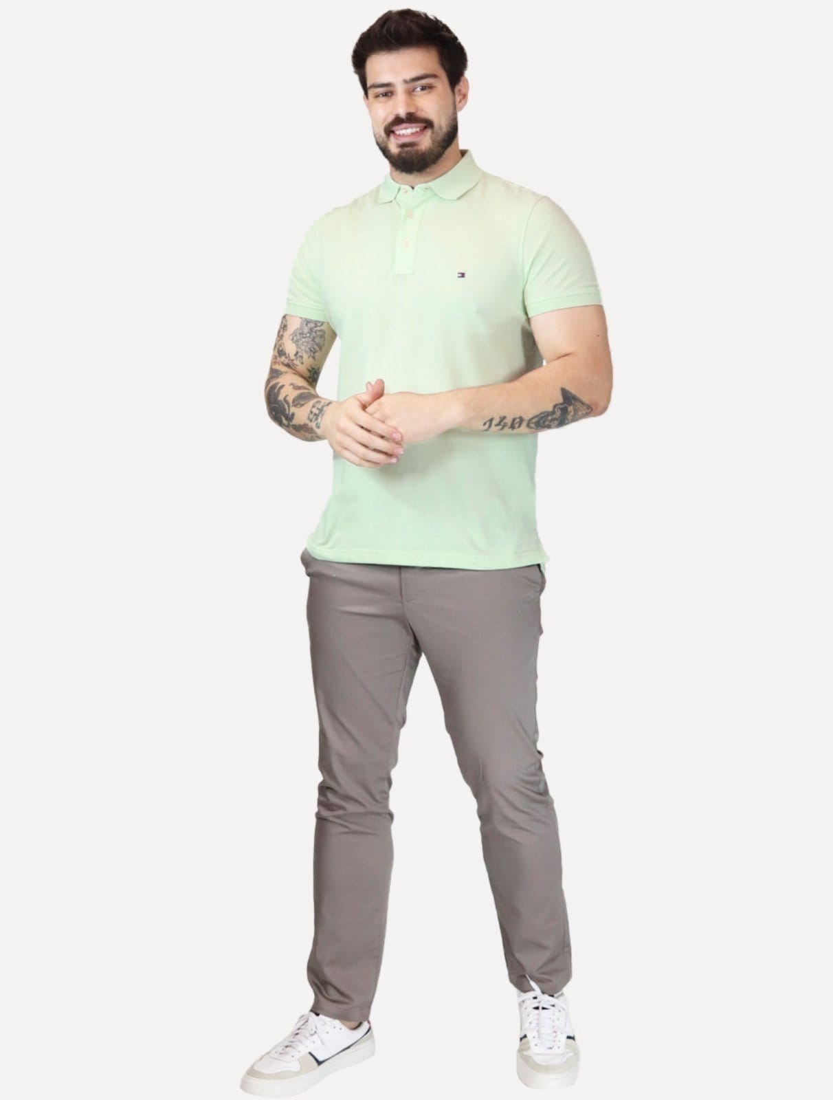 Vista 2 Polo Tommy Hilfiger Masculina Slim Piquet 1985 Opal Claro Tommy Hilfiger verde