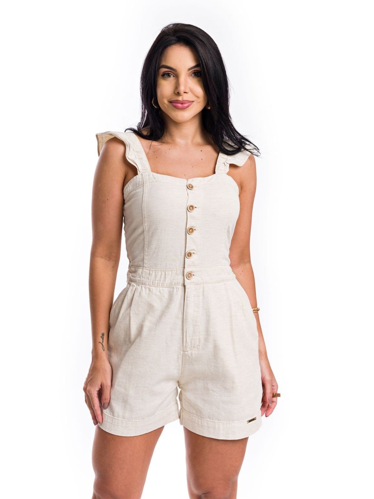 Macaquinho Restrito Jeans Curto de Linho com Lastex - AREIA