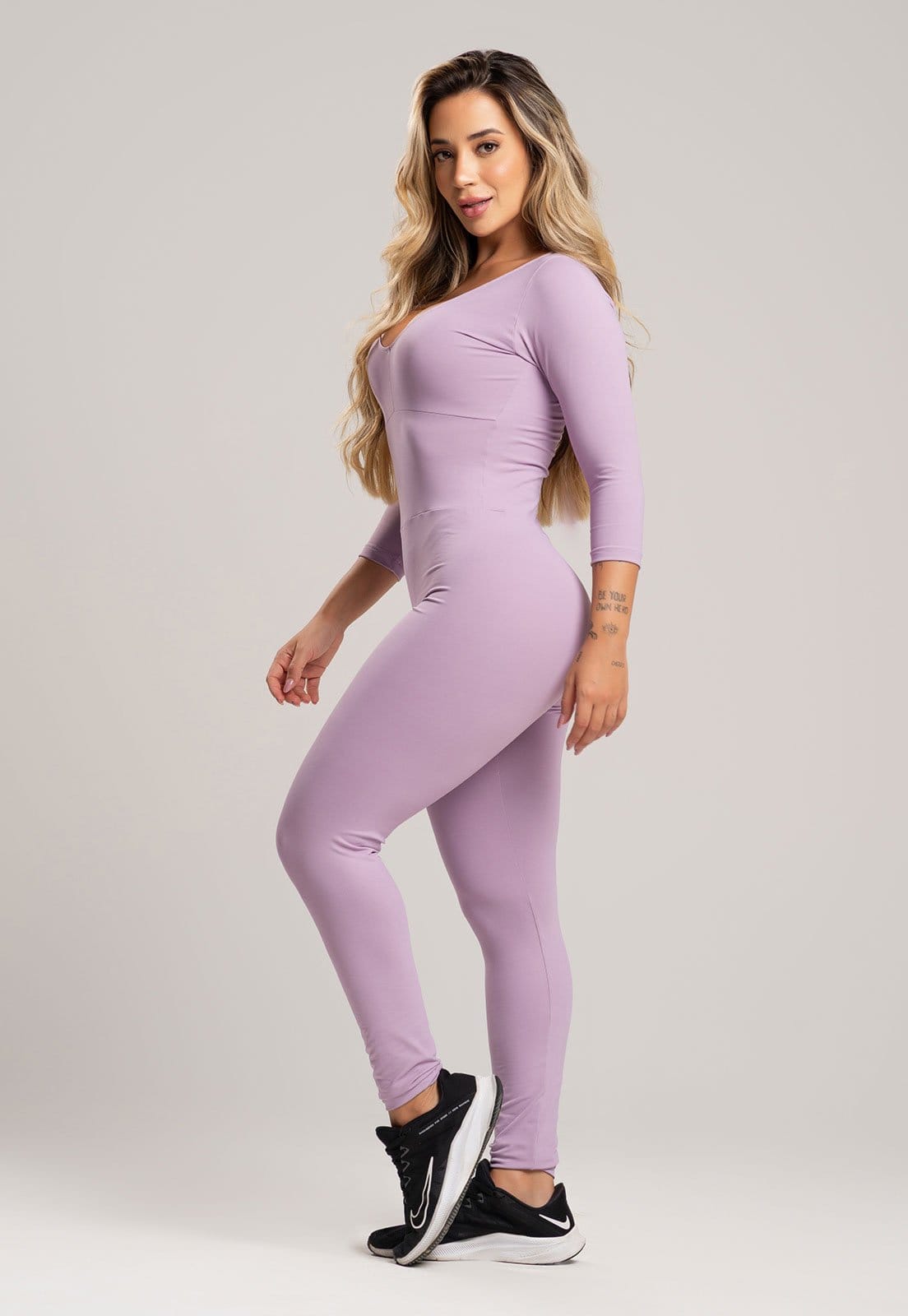 Macacão Manga 3/4 MVB Modas Feminino Costa Fechada Poliamida Fitness Lavanda