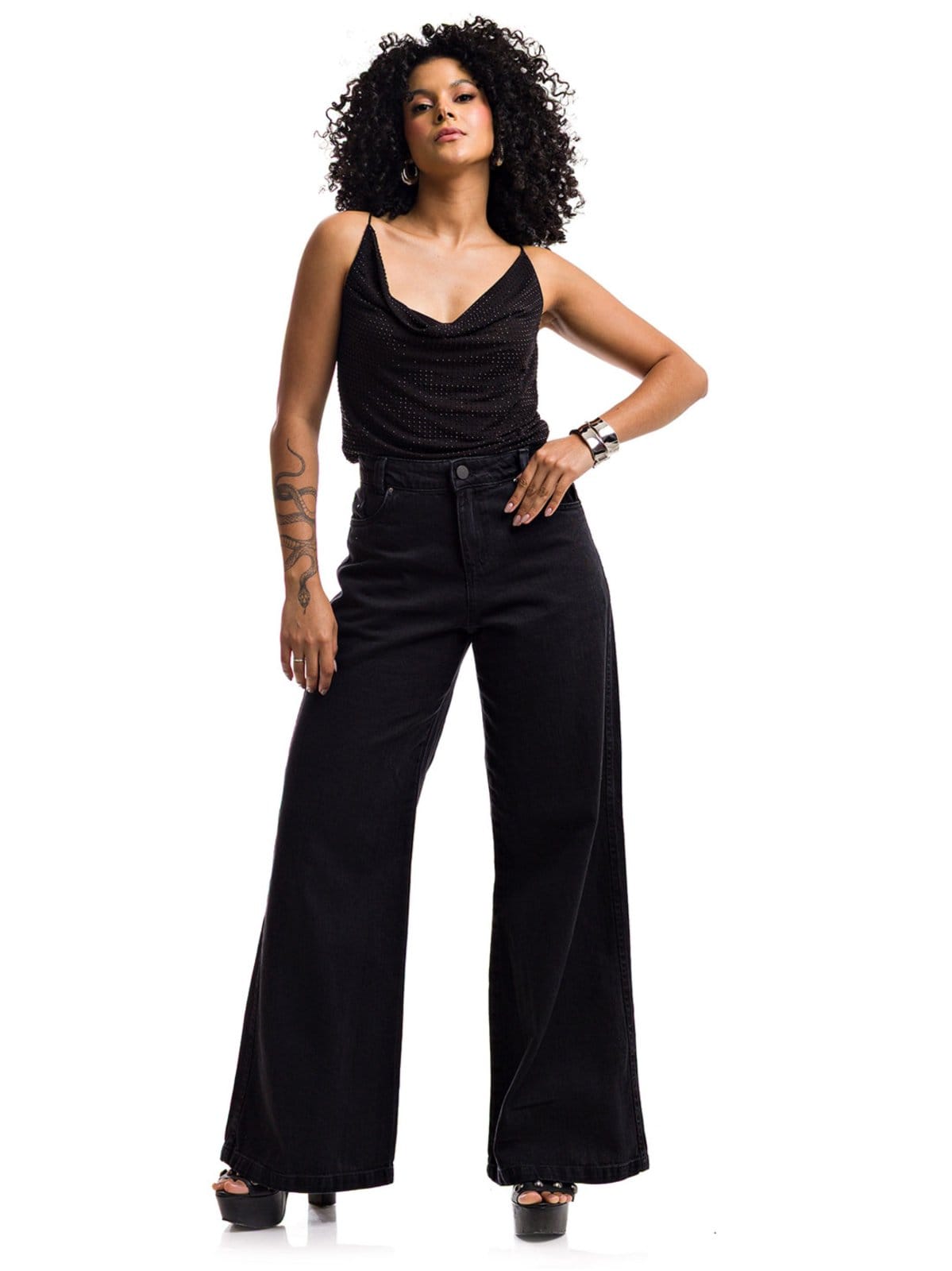 Vista 2 Calça Pantalona Restrito Jeans Wide Leg Black Premium - Preto Restrito Jeans preto black