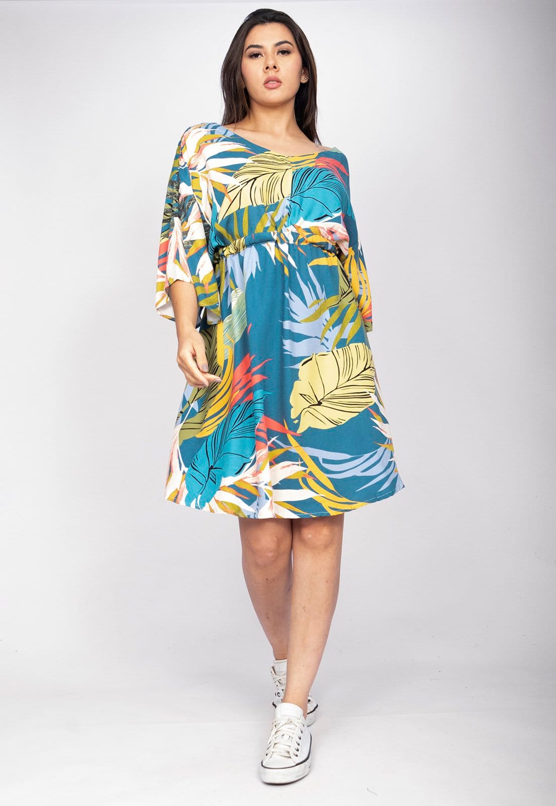 Vista principal Vestido Curto CabanaFree Caaxixá Viscose com Cordão na Cintura Estampa Brisa Botânica Cabanafree estampado/marrom/verde