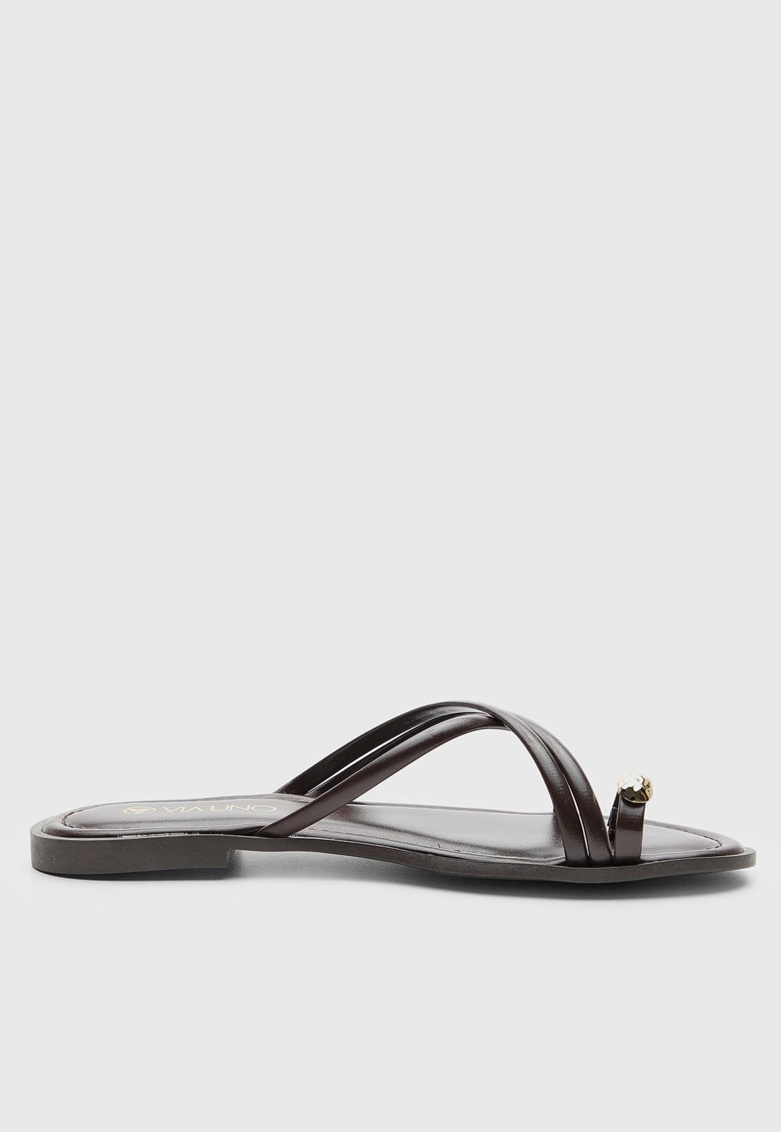 Vista 2 Rasteira Feminina VIA UNO Tiras Finas Detalhe Metálico VIA UNO café