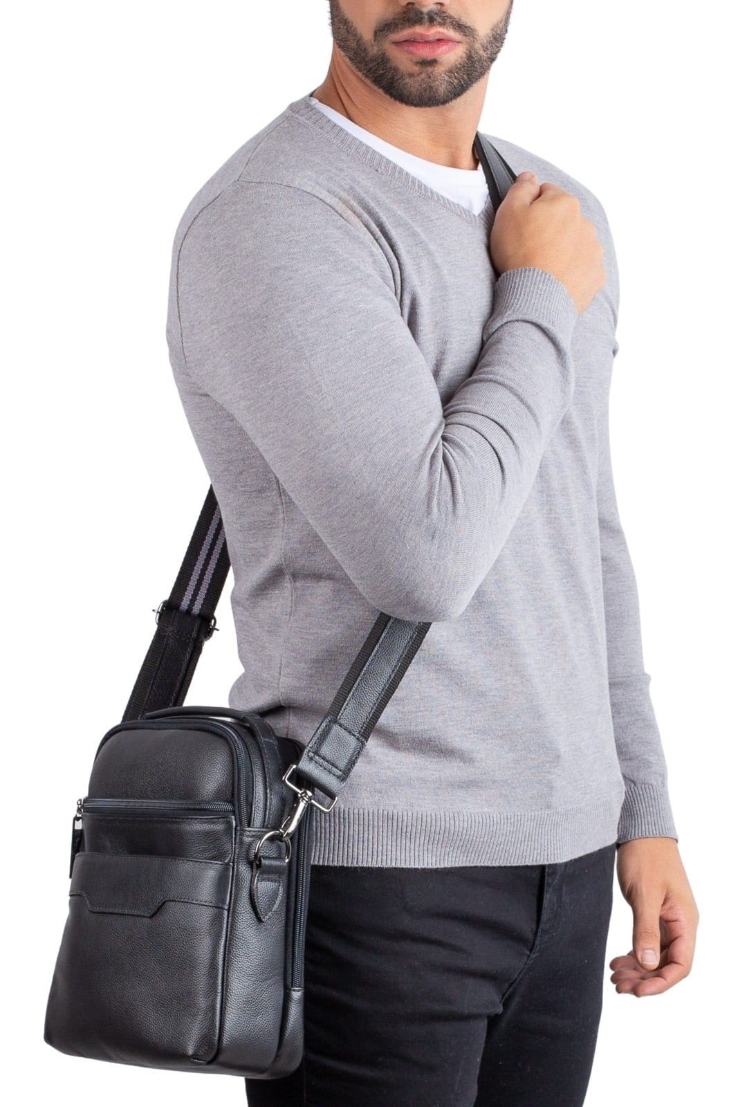 Vista 2 Bolsa transversal de couro com divisórias Fernando - Preta Vira Vento café