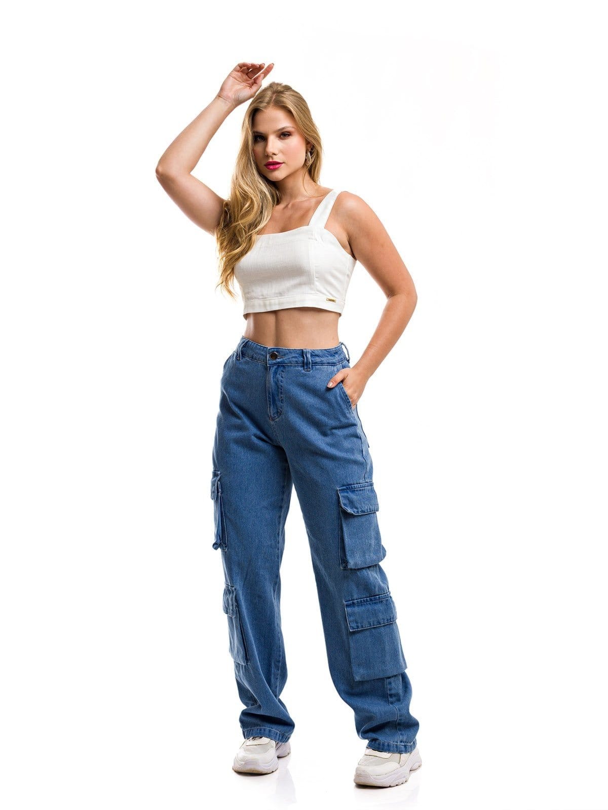 Calça Restrito Jeans Cargo Wide Leg Jeans com 8 Bolsos