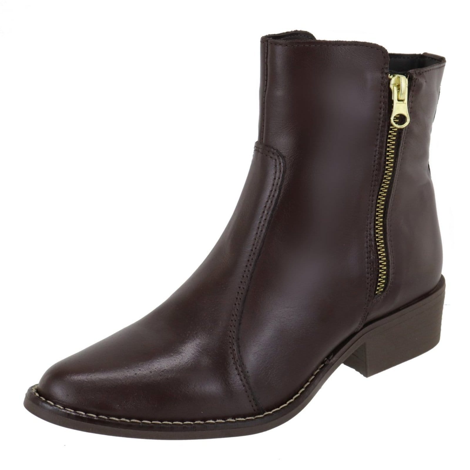 Vista principal Bota Feminina Cano Baixo Bico Fino Couro Chocolate TELLINI STORE marrom