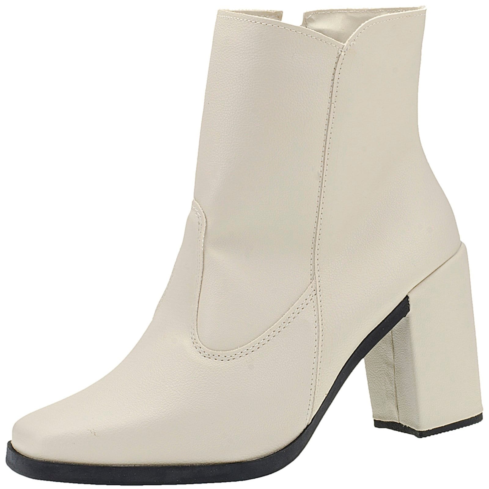 Bota Feminina Bico Quadrado Salto Alto Grosso Cotorno Cano Médio Confortavel Ziper Off White