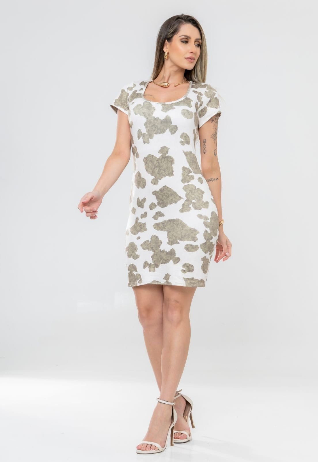 Vista 2 Vestido Curto Estampado Manga Curta em Malha Liz Animal Print Tendencia Docce Mulher verde