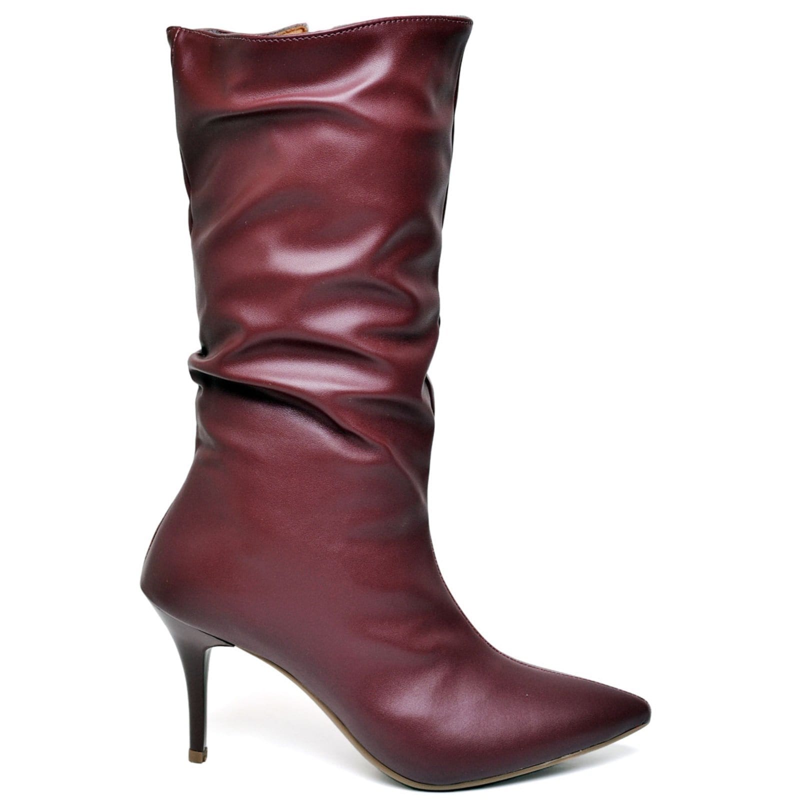 Vista 2 Bota Feminina Cano Médio Enrugado Salto Fino Médio Napa Marsala ZAFREM bordô