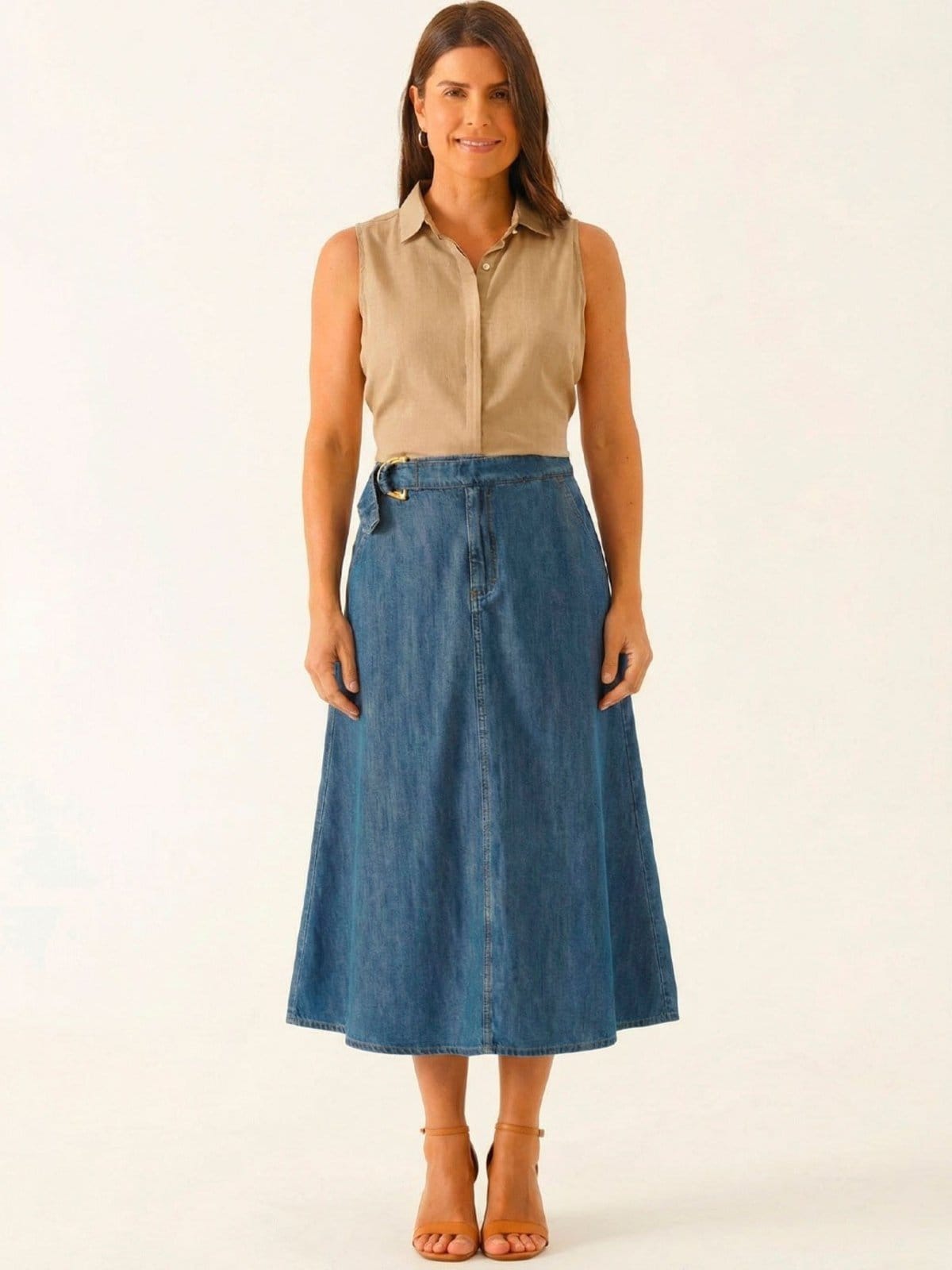 Vista principal Saia Jeans Evasê Longuete Médio Vanice Principessa azul