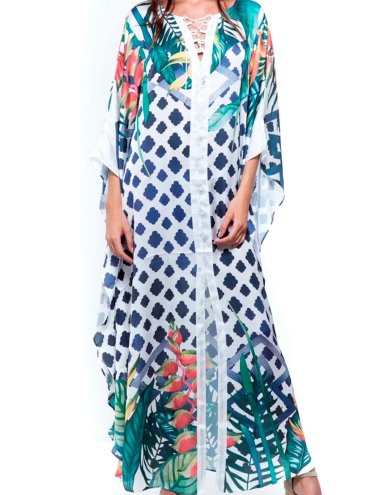 Vestido Kaftan Longo 101 Resort Wear Crepe Estampado EXCLUSIVO Barrado Flor Grafismo