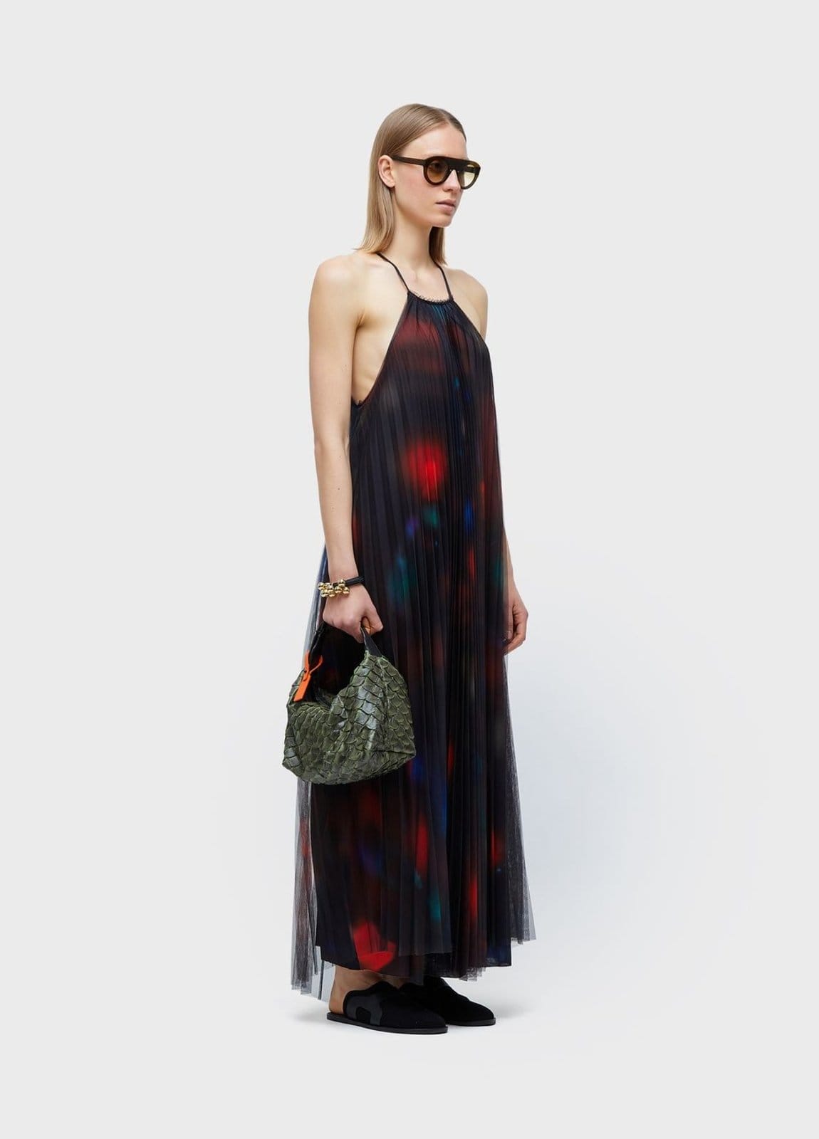 Vista 2 Vestido longo tule plissado rose blur Osklen preto rose