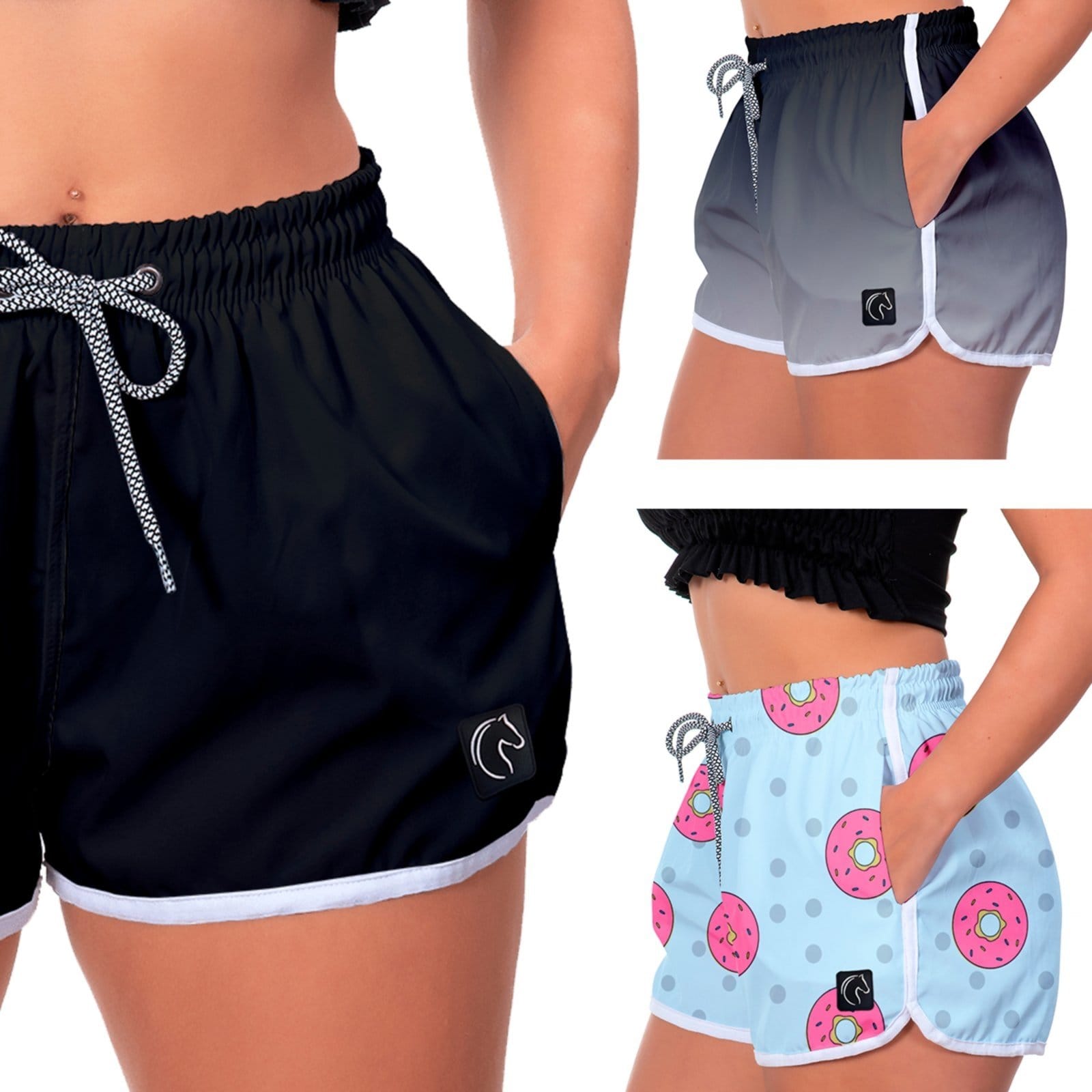 Kit 3 Shorts Feminino Premium Secagem Rápida com Elástico Cordão Ajustável e Bolsos Moda Praia Casual ou Treino Academia Degradê e Rosquinhas
