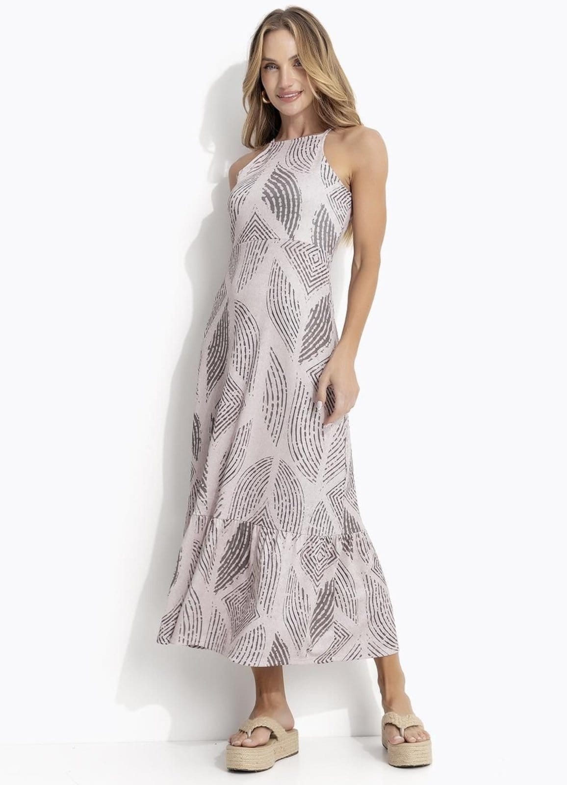 Vestido Em Canelado Geométrico Listrado