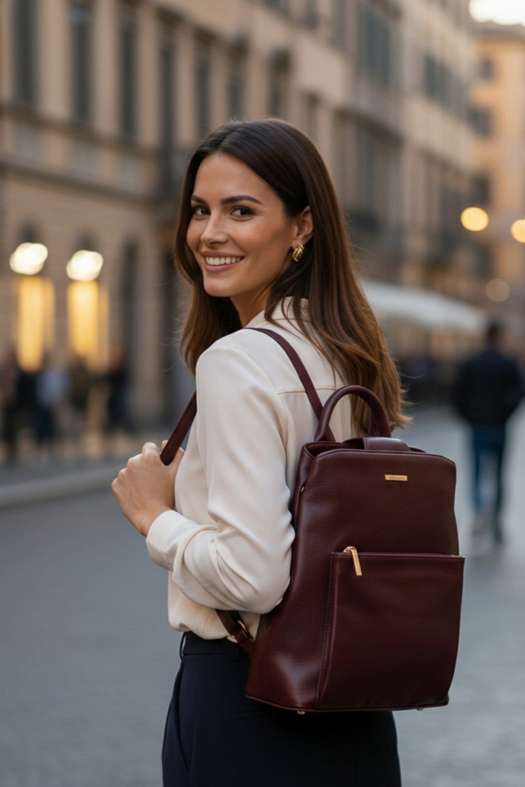 Vista 2 Mochila bolsa slim couro liso antifurto Lavínia - Marsala Andrea Vinci vermelho