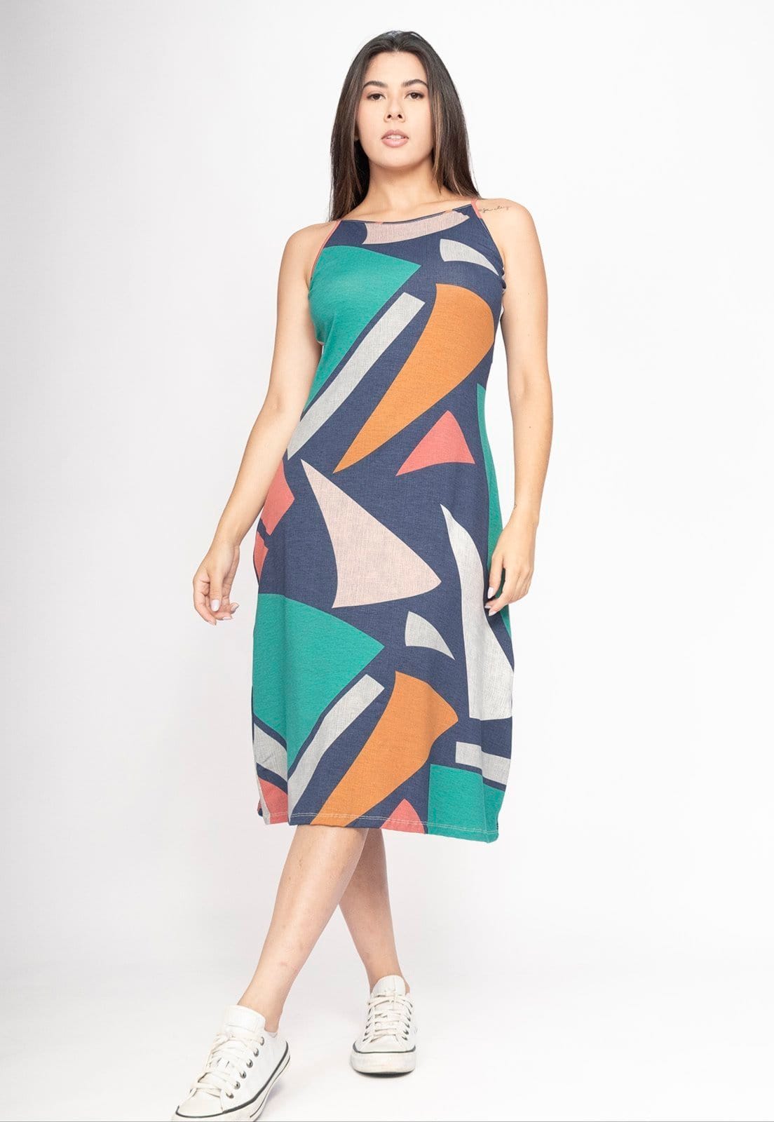 Vista 2 Vestido Amazonia Vital Aimara Curto Trapézio Malha Geometria do Tempo Amazonia Vital estampado