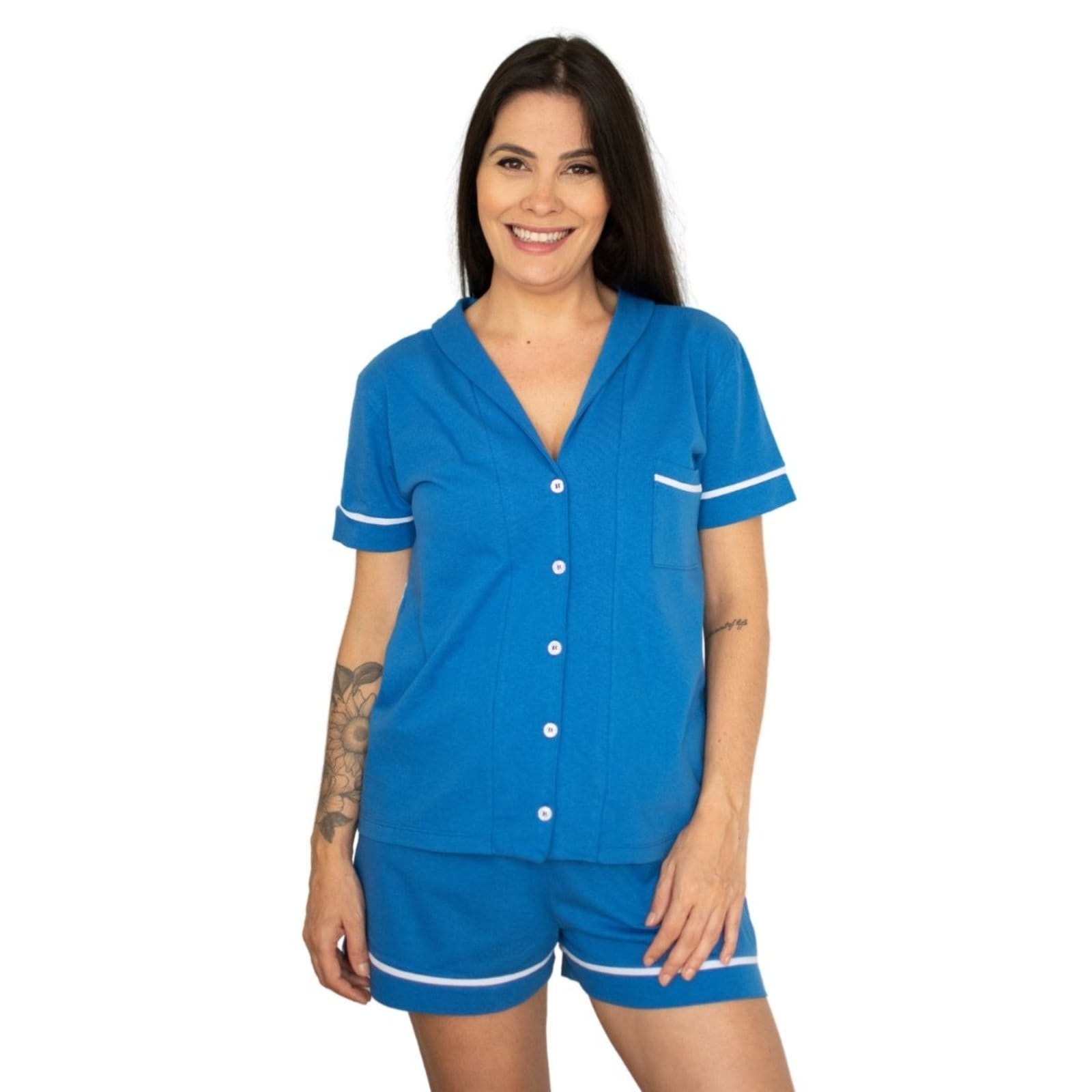 Vista principal Pijama Algodão Feminino Americano Curto Manga Curta com Botão Botões Verão Adulto indicado Gestante Amamentação e Pós cirúgico - Royal Azul Piante azul royal