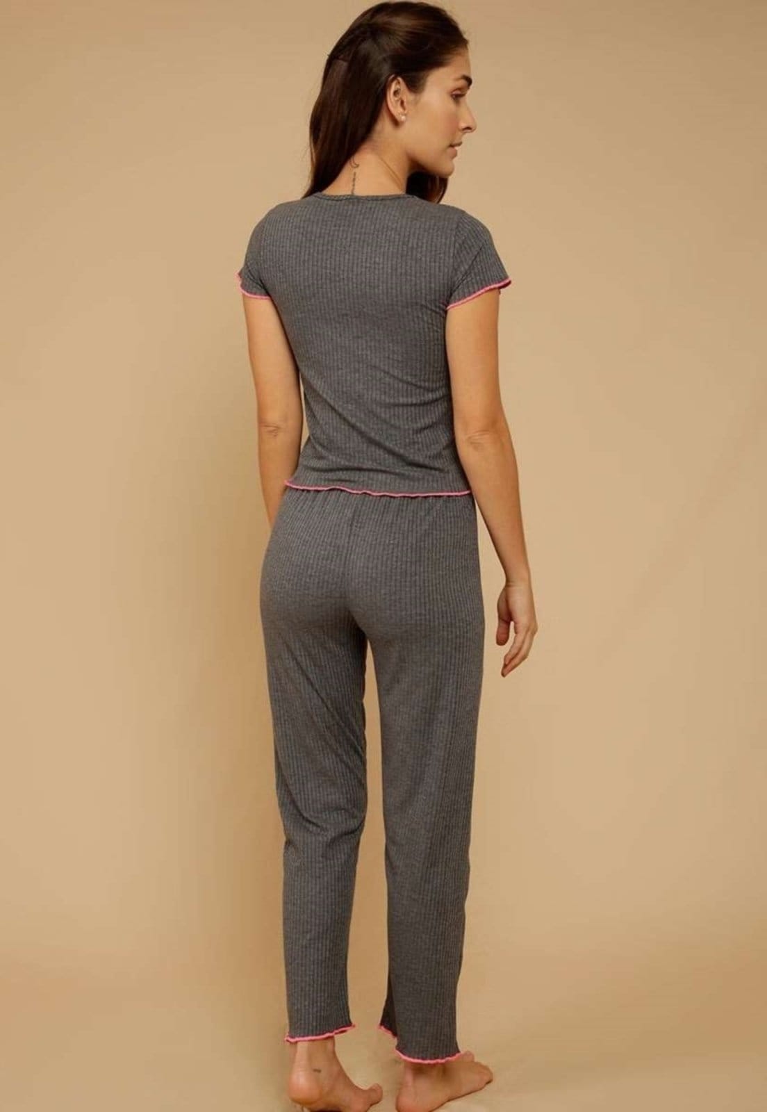 Vista 2 Pijama Feminino Canelado Diluxo Manga Curta Diluxo cinza