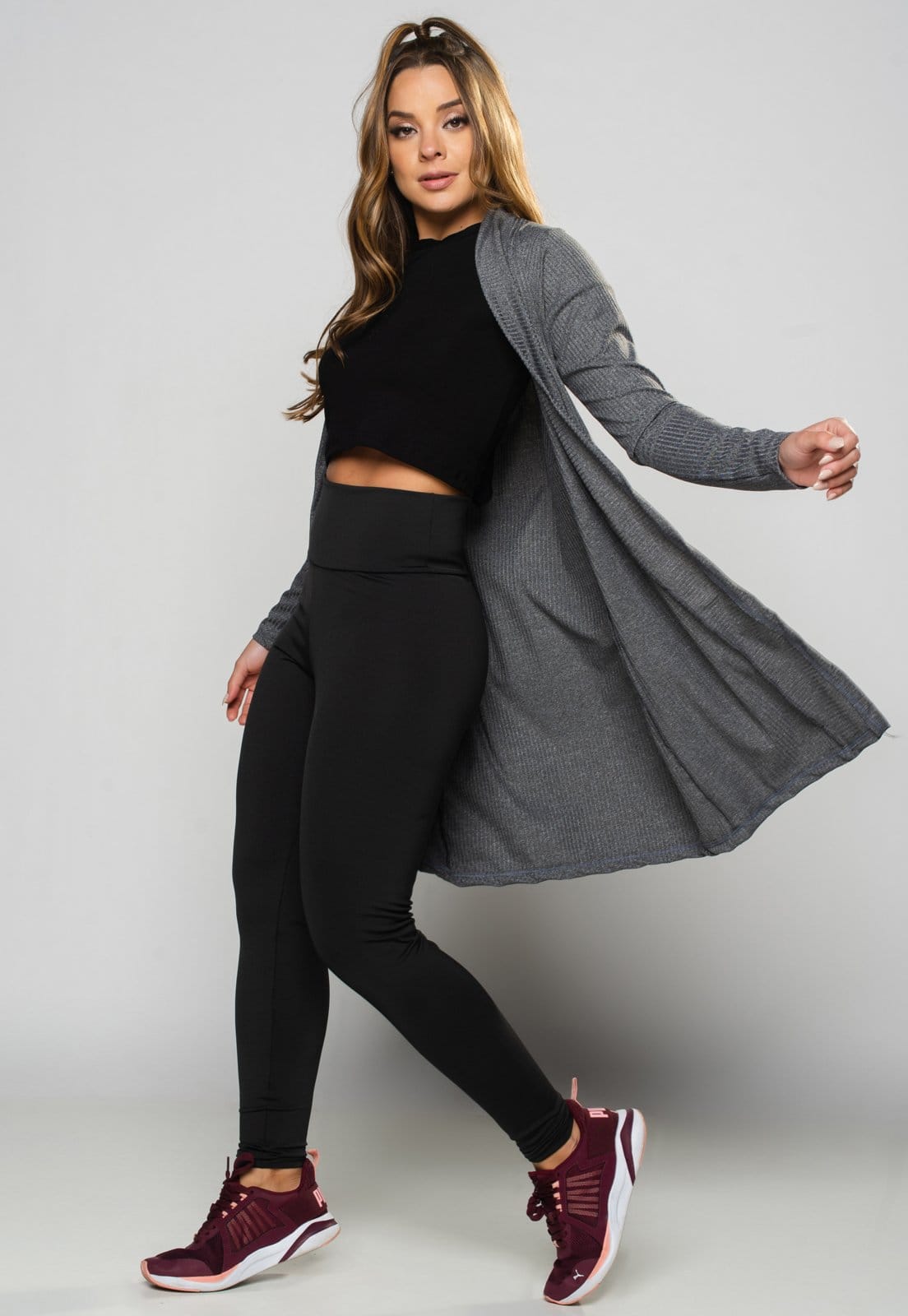 Vista 2 Cardigan MVB Modas Canelado Feminino Kimono Blusa de Frio Mvb Modas cinza