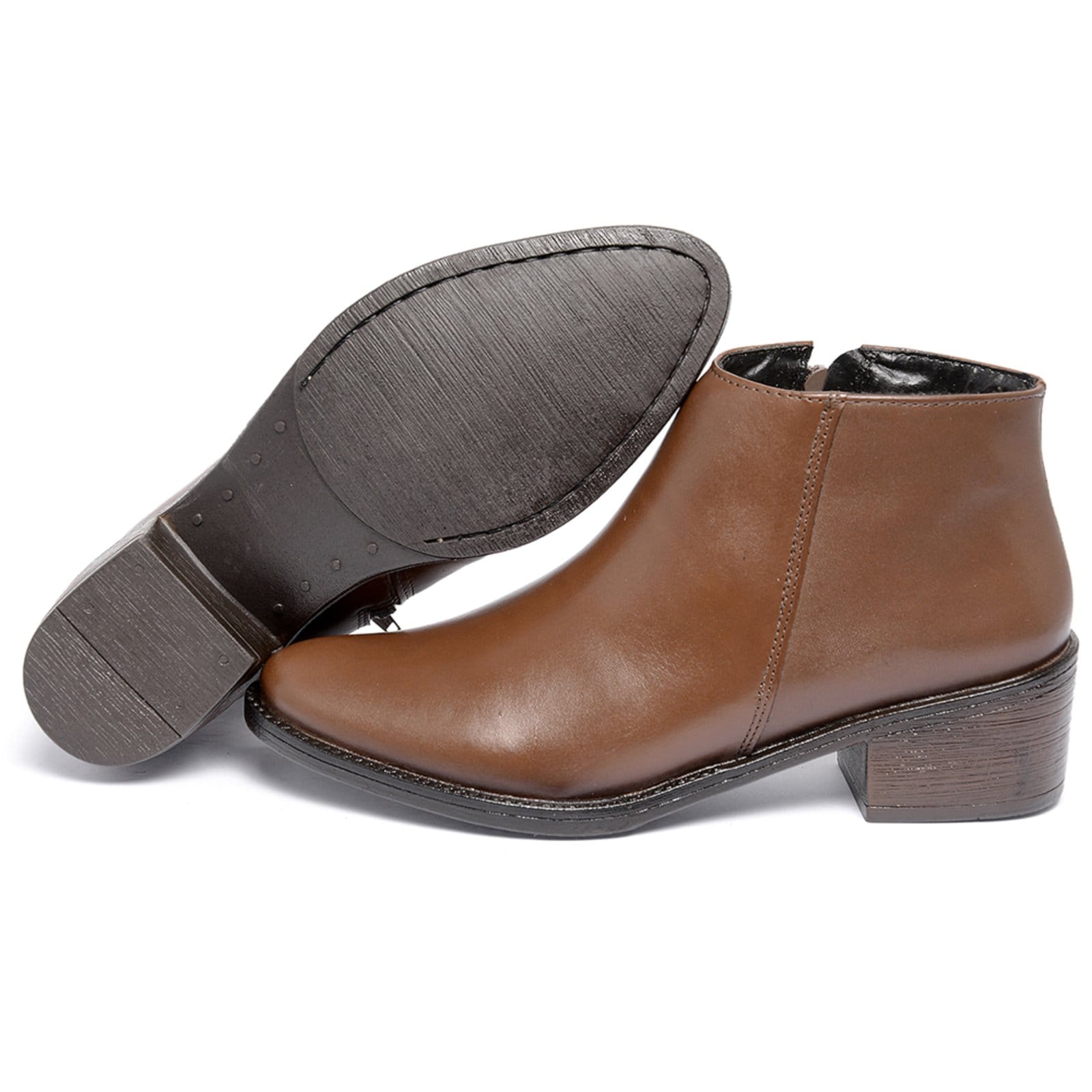 Vista 2 Bota Cano Curto Feminina Ferrile em Couro Salto Bloco Ziper Café Ferrile marrom