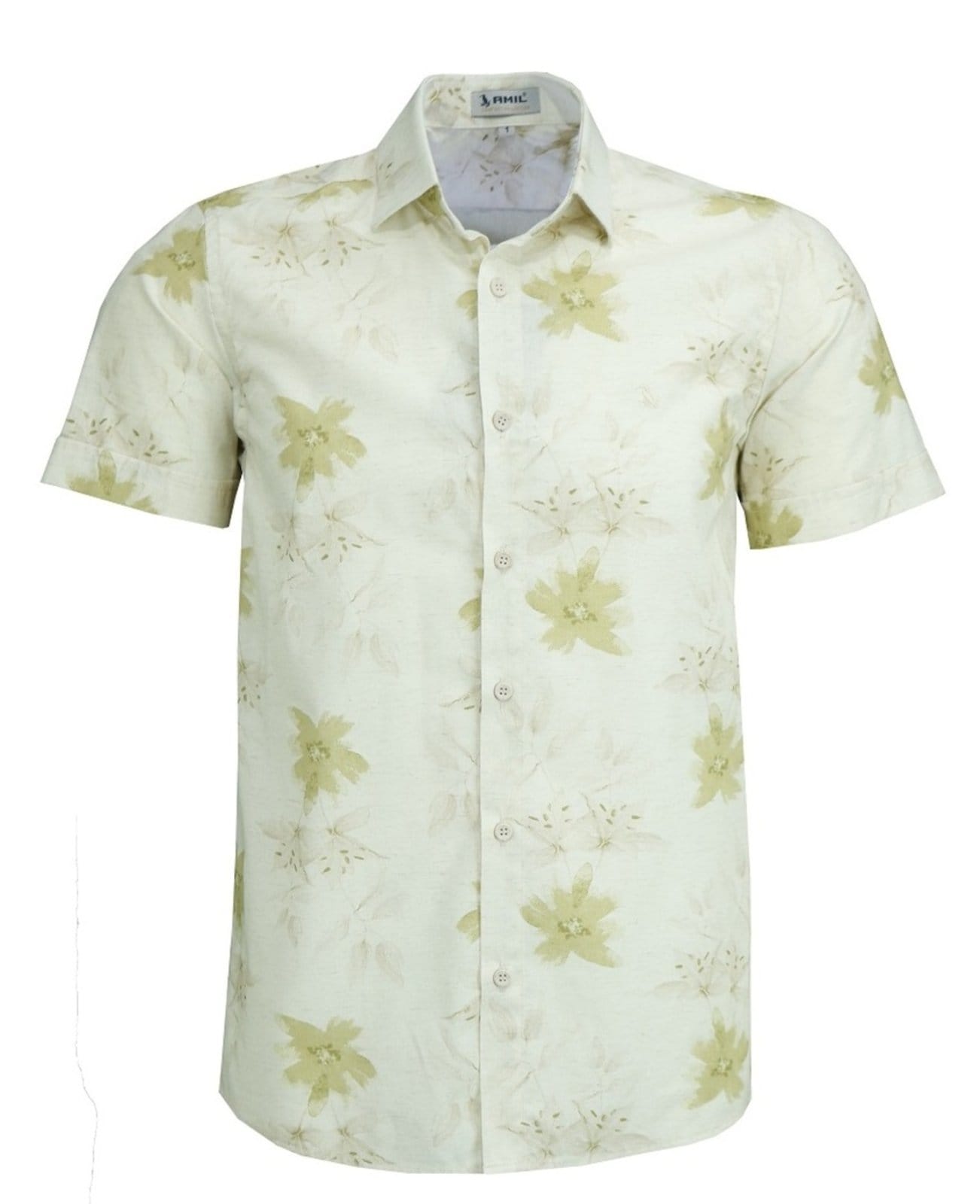 Vista principal Camisa Floral Amil Comfort Turbin Algodão com Linho Manga Curta Luxo Cor01 Amil azul/branco