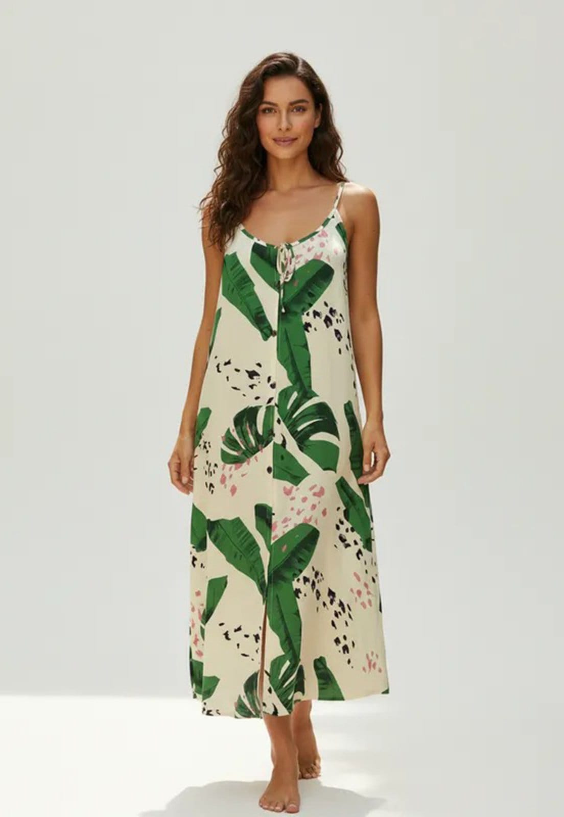 Vista principal Vestido Longo Cabanafree Caçuá Viscose Alça Fina Estampa Folhagem Poética Cabanafree amarelo/estampado/laranja/verde