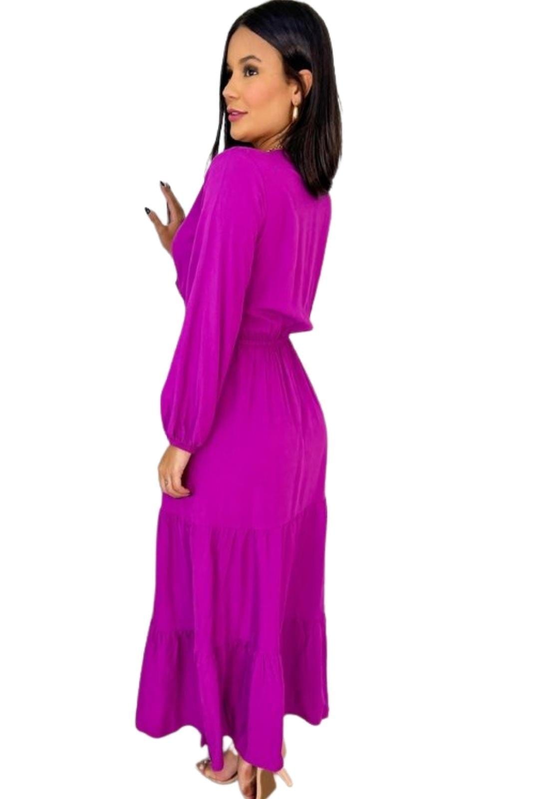 Vista 2 Vestido Lara Midi Viscose Transpassado Fúcsia Cia do Vestido pink/roxo