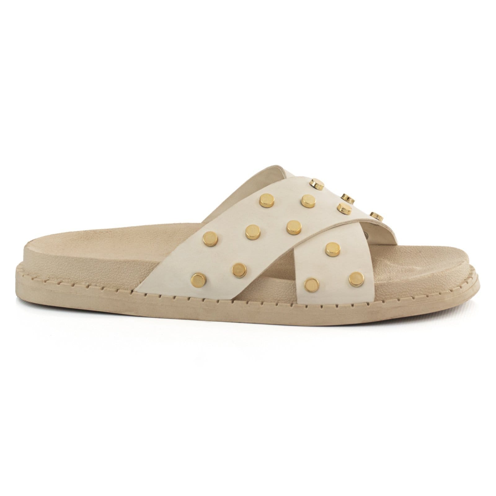 Vista 2 Sandália Papete Flatform Off White Rasteirinha Brilho Metalizado Enfeite Metal Viteri off-white white