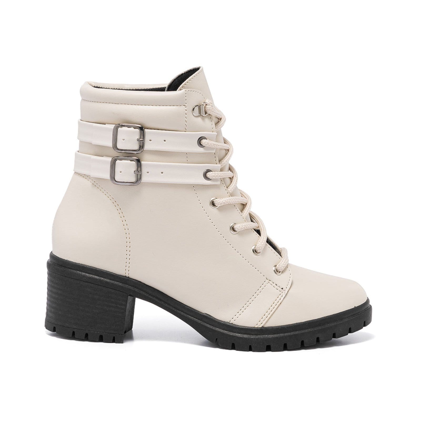 Bota Coturno Feminina Cano Baixo Tratorada Off White Confort Fivelas