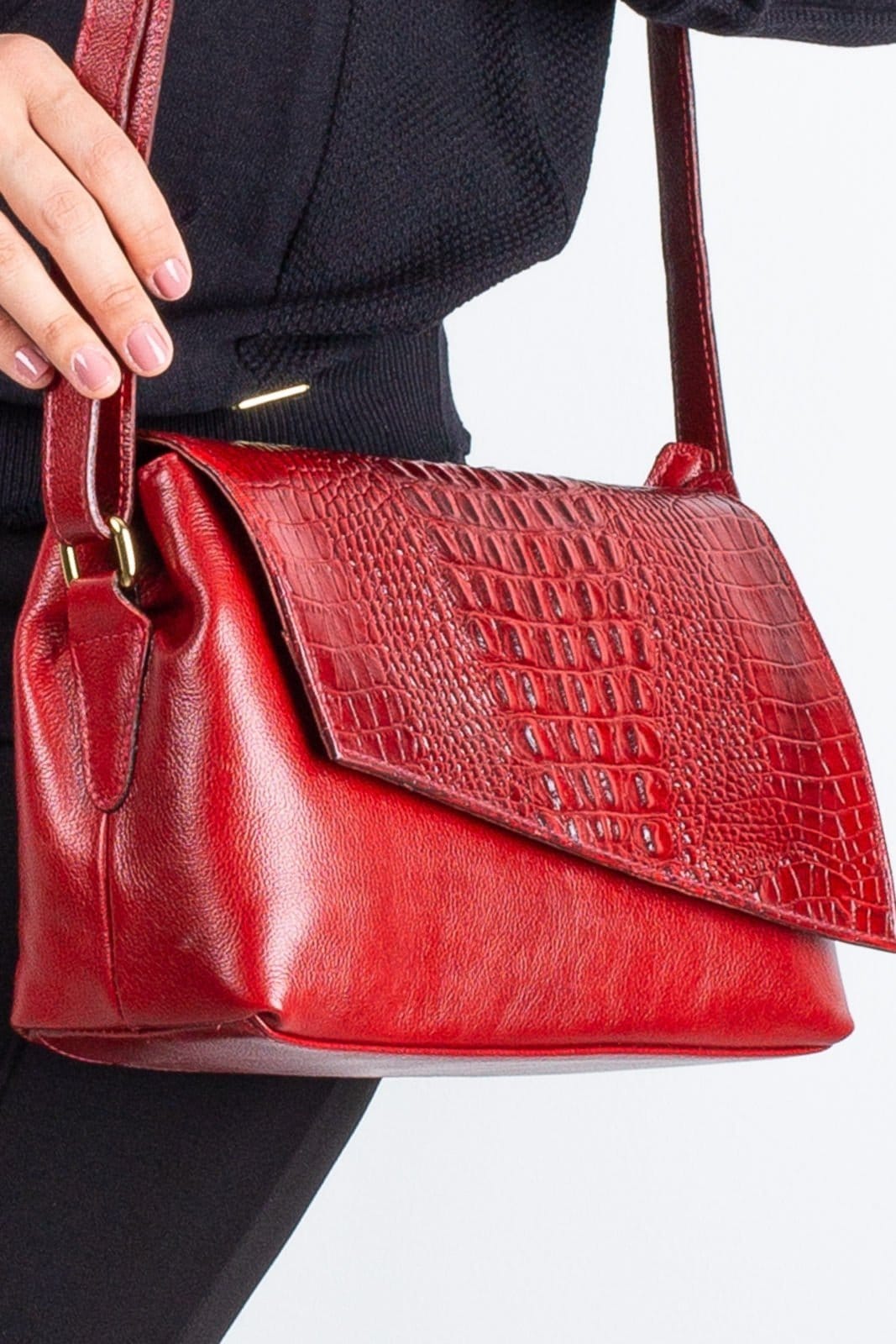 Bolsa tiracolo de couro croco com tampa Rose - Vermelho