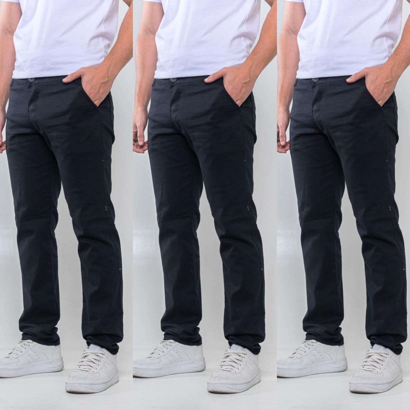 Vista principal KIT 3 Calças Sarja Masculina Tempo Hábil Alfaiatada Skinny Black 5 Estilo preto black