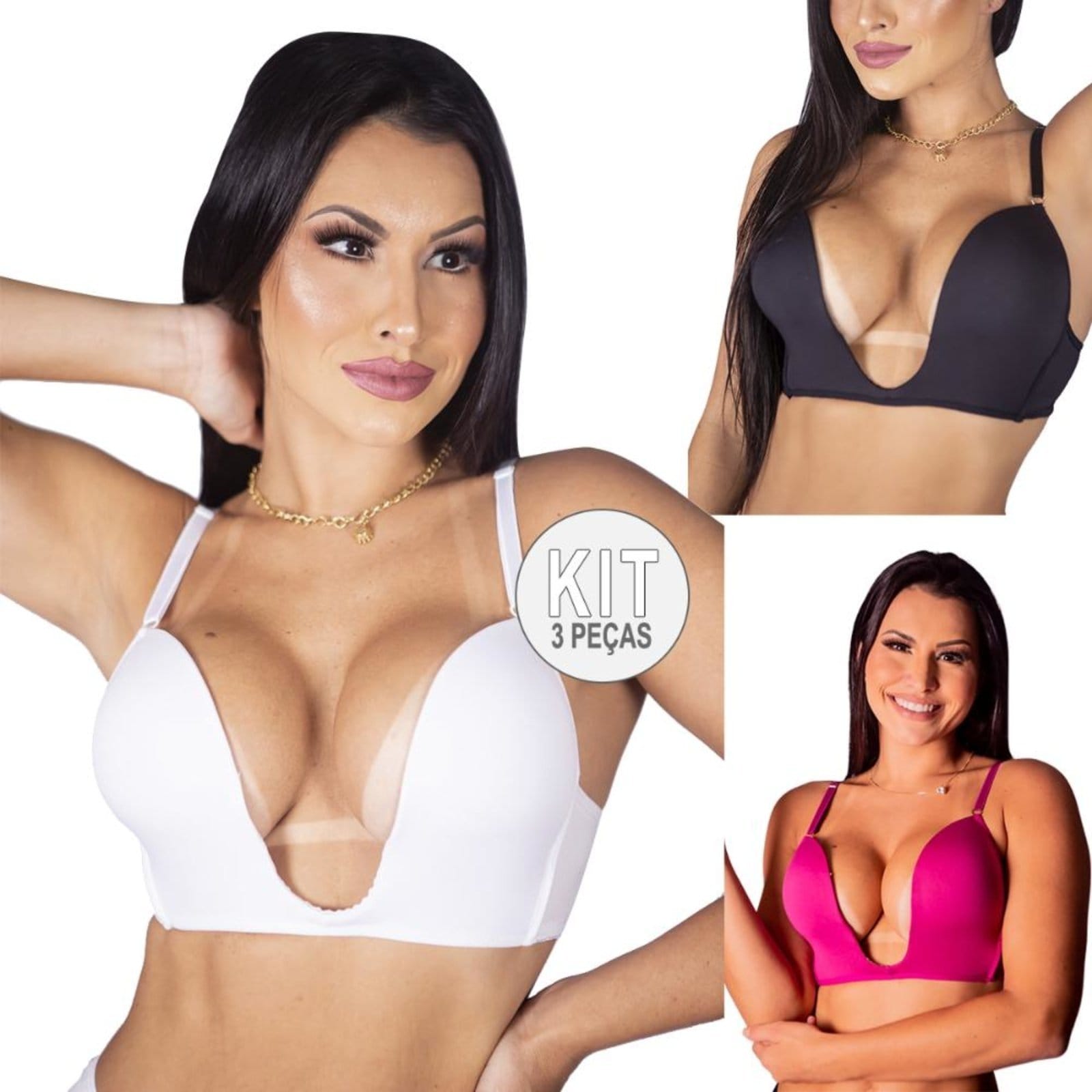 Vista principal Kit 3 Sutiãs Decote profundo Push Up SEM MARCA rosa