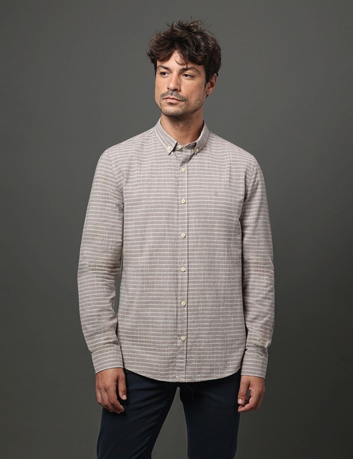 Vista principal Camisa Masculina Slim Listras Calvin Klein Jeans - Caqui Medio Calvin Klein Jeans cáqui caqui