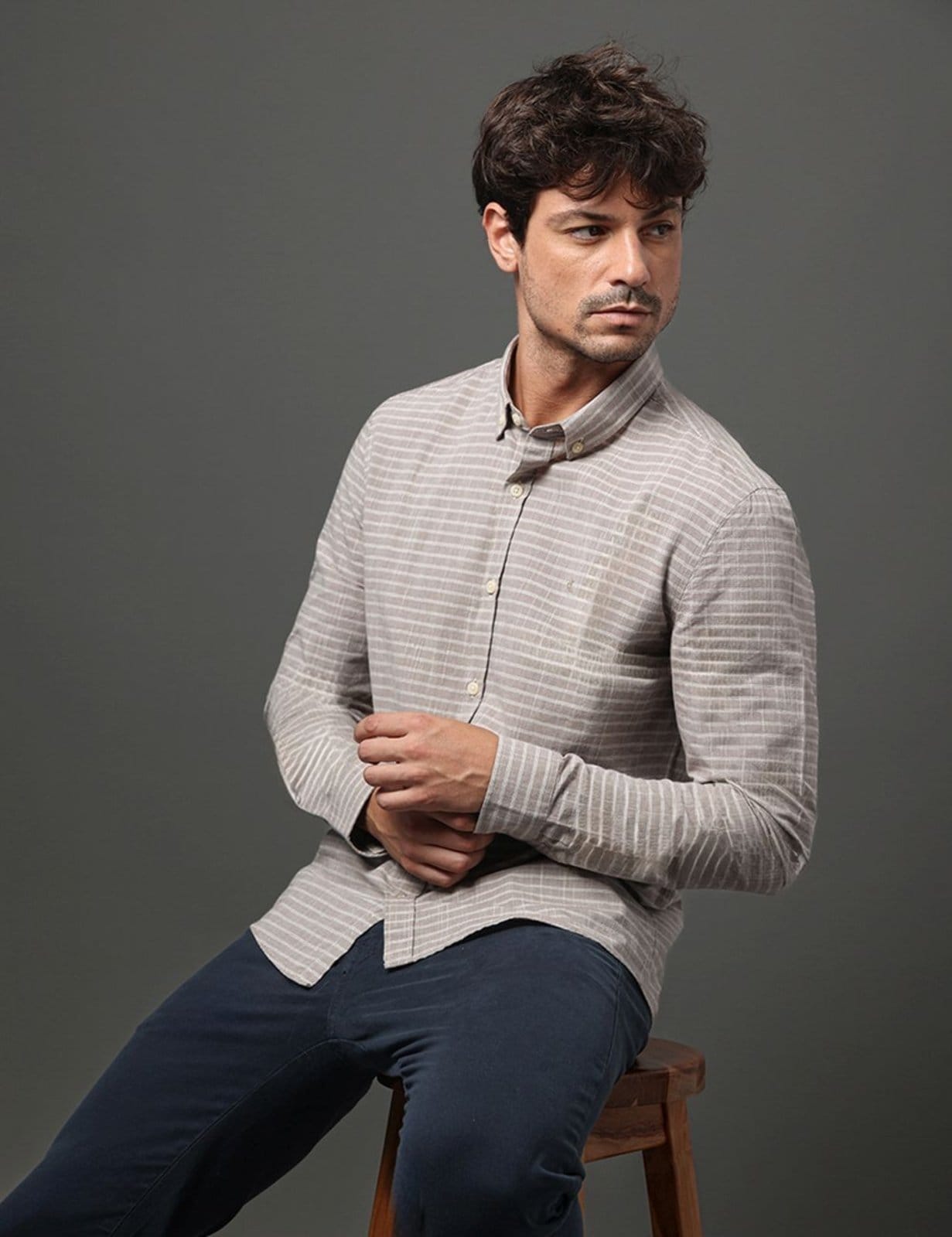 Vista 2 Camisa Masculina Slim Listras Calvin Klein Jeans - Caqui Medio Calvin Klein Jeans cáqui caqui