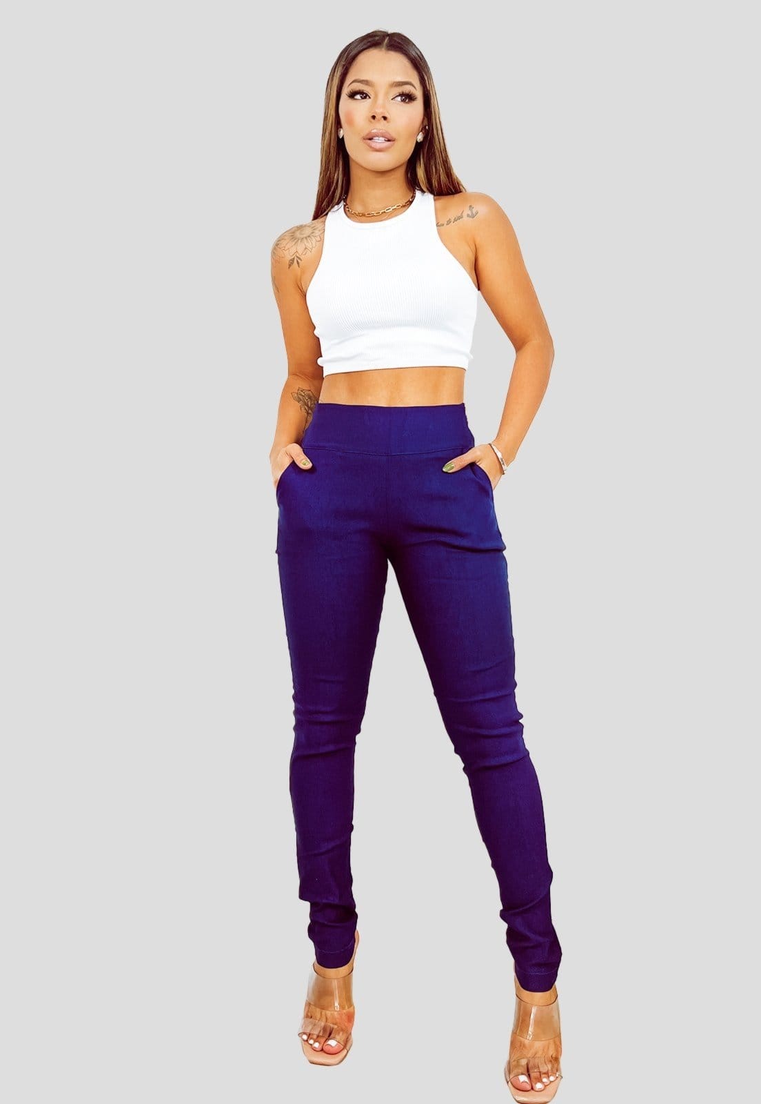 Calça Bengaline YWC ind Básica Cós Alto Zíper Com Bolso Barra Justa Azul-marinho