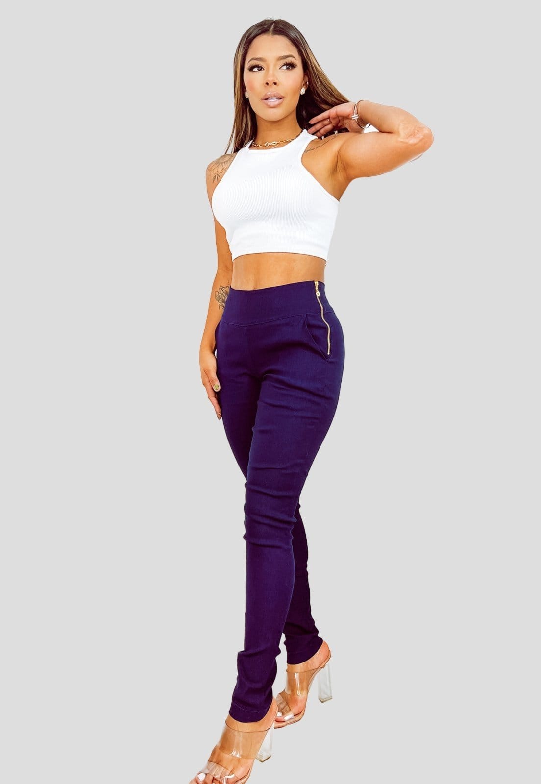 Vista 2 Calça Bengaline YWC ind Básica Cós Alto Zíper Com Bolso Barra Justa Azul-marinho YWC ind azul marinho