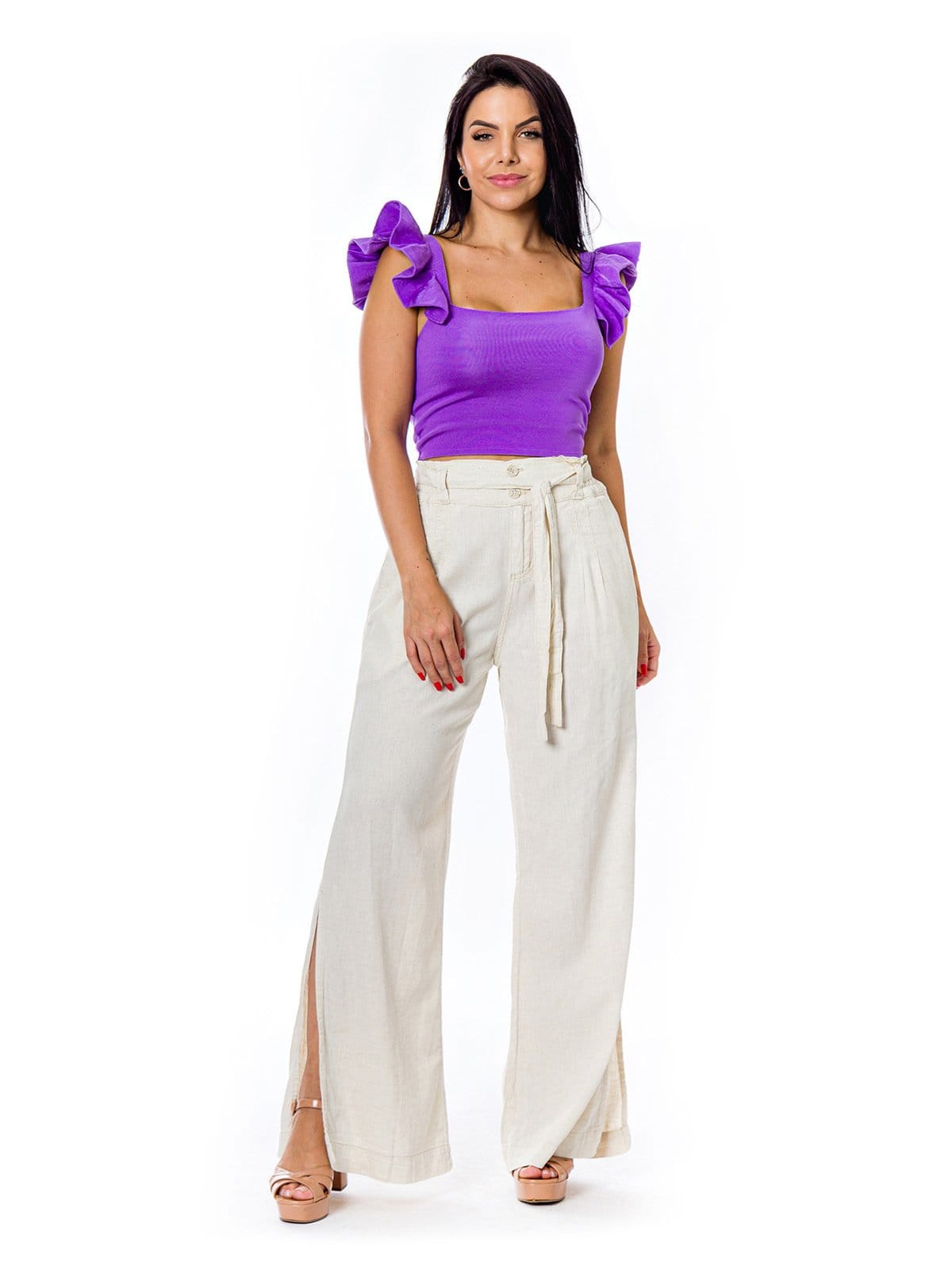 Calça Pantalona Restrito Jeans de Linho Com Lastex