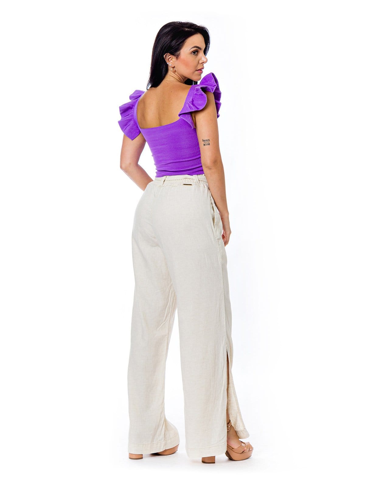 Vista 2 Calça Pantalona Restrito Jeans de Linho Com Lastex Restrito Jeans bege