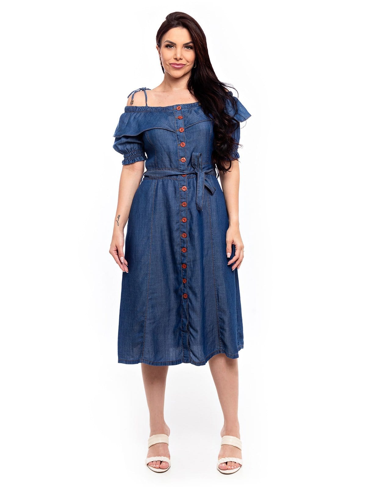 Vista 2 Vestido Midi Restrito Jeans Liocel Ombro a Ombro Restrito Jeans azul