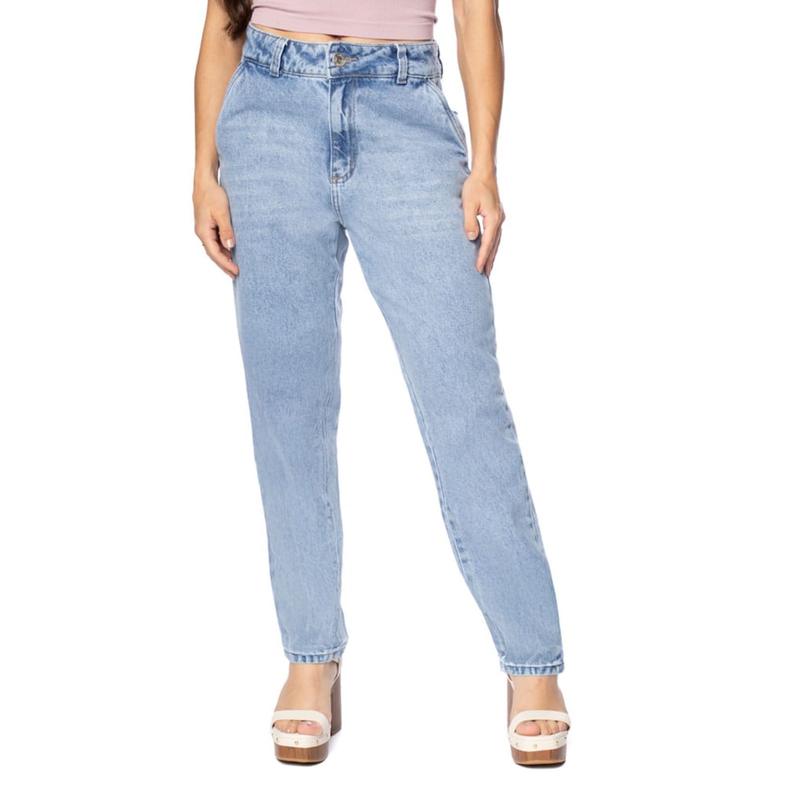 Vista principal Calça Jeans Feminina Sawary Mom Tradicional Sawary azul