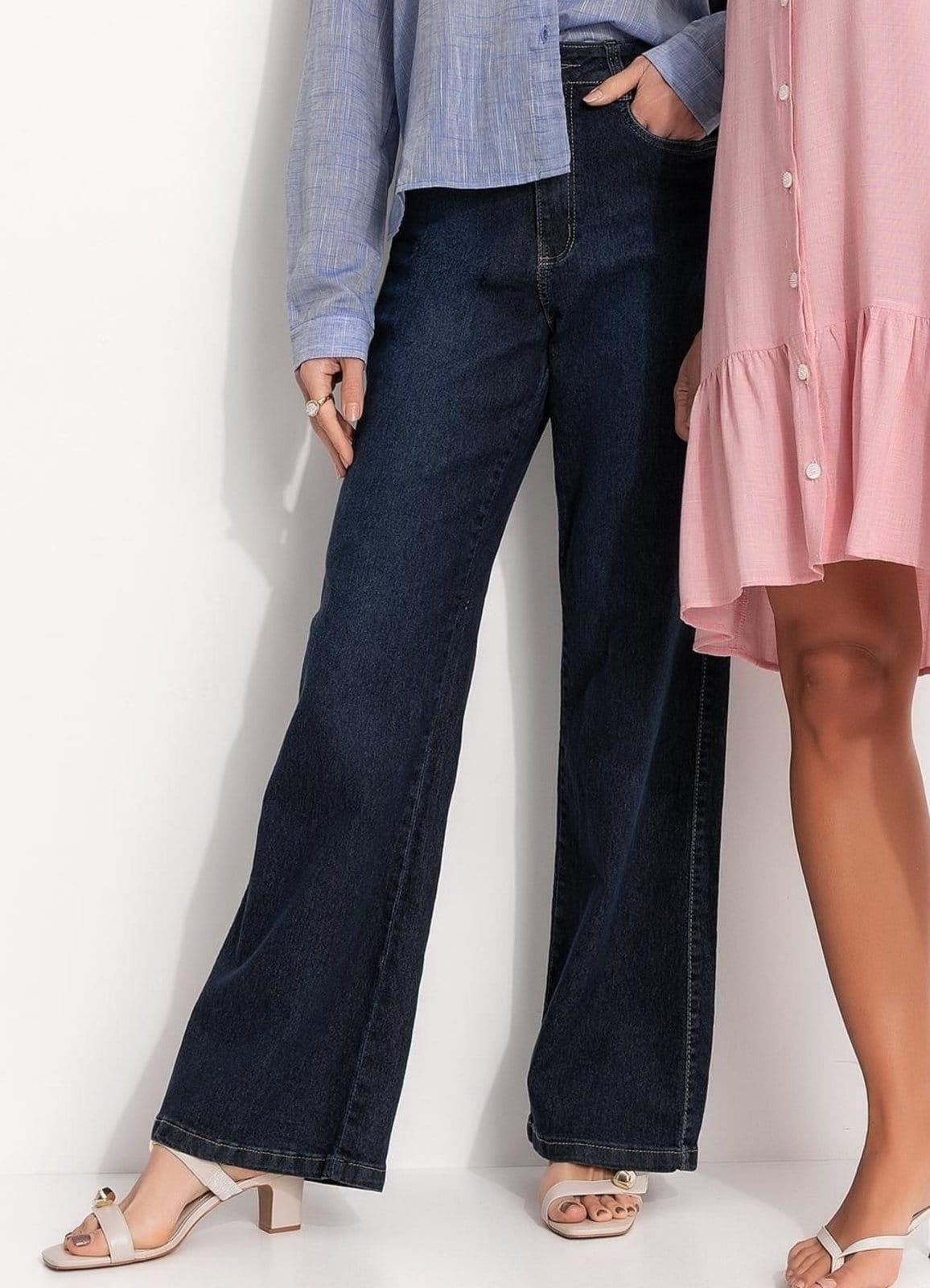 Calça Wide Leg Em Jeans Jeans Escuro